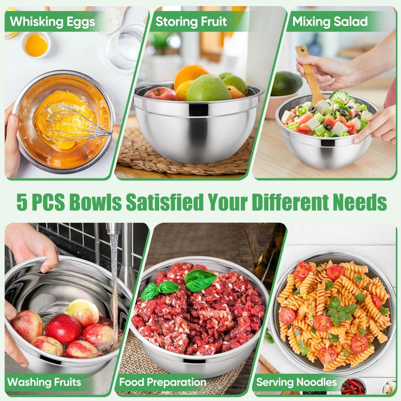 P&P CHEF Mixing Bowls with Airtight Lids Set of 5, 10-Piece Stainless Steel Mixing Nesting Bowl, Metal Bowl with Lid for Kitchen Prepping & Storing, Size 4.6, 3, 1.5, 1, 0.7 QT, Multicolor - Image 5